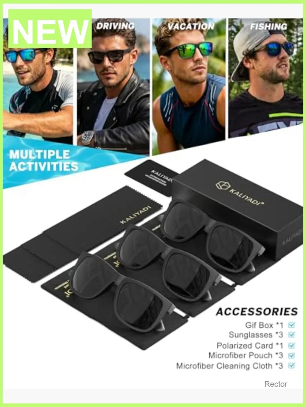Polarized Sunglasses 3 Pack UV Protection Rectangular Matte Black Frame